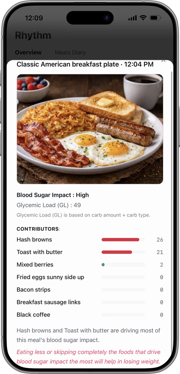 Rhythm screen showing what's driving a meal's blood sugar impact