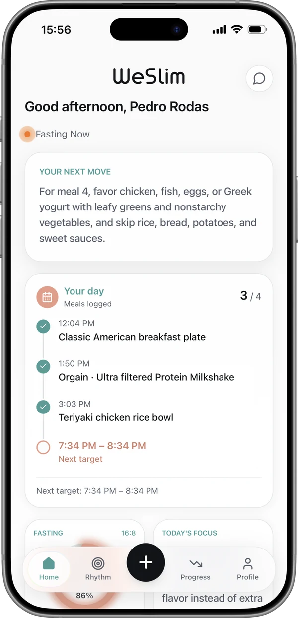 WeSlim home screen: today's next move and the meals logged so far