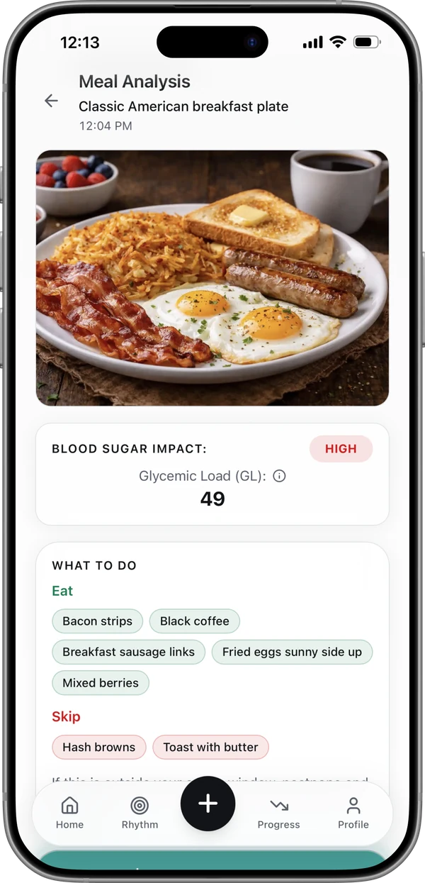Meal analysis screen: blood sugar impact, what to eat and what to skip