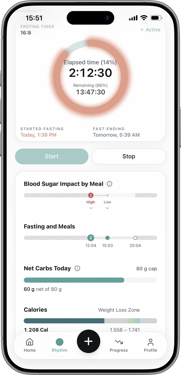 Fasting timer screen showing elapsed and remaining time