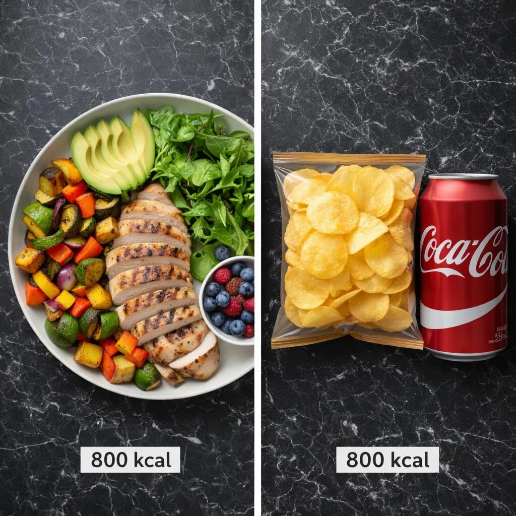 The same calories as a full plate of food versus a bag of chips and a soda
